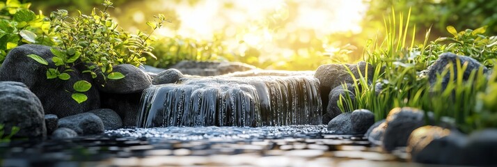 Wall Mural - Stream of water flowing through lush green forest illuminated by the sun