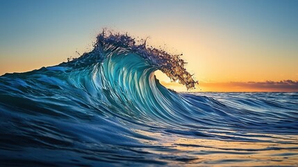 Aufkleber - Dynamic ocean wave breaking at sunrise with vibrant colors and energy
