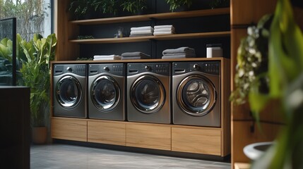 Poster - Modern laundry room interior with four washing machines, wooden shelves, and lush green plants.