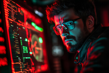 Poster - A young man studies colorful data on multiple screens in a dark tech workspace, concentrating intently on the task