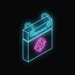 Poster - Glowing neon calendar showing the month of january with a target symbol, representing the concept of goal setting