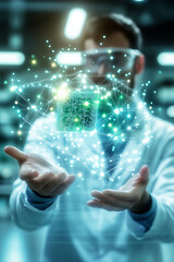 Poster - A laboratory researcher studies a glowing hologram suspended above their hands amidst high-tech surroundings