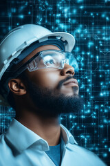 Poster - The engineer observes digital data visualizations while planning future innovations in technology