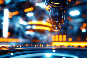 Poster - A robotic arm is engaged in precision work in a cutting-edge factory, surrounded by glowing lights and machinery