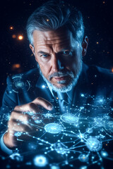 Poster - A suited man engages with a glowing digital interface that displays intricate data connections in a shadowy setting