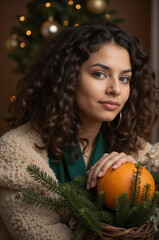 Wall Mural - Festive Portrait of a Young Woman Holding a Basket of Oranges Amidst Holiday Decor