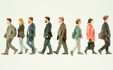 A watercolor drawing of a group photo on a white background with men and women in different poses