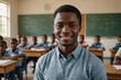 © ThomasLENNE - Close portrait of a smiling young Nigerian male elegant primary school teacher standing and looking at the camera, indoors almost empty classroom blurred background