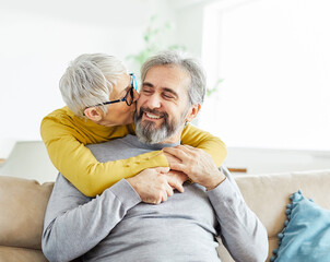 Wall Mural - senior portrait woman man couple happy  retirement smiling love elderly lifestyle old together active healthy vitality hugging bonding romance having fun