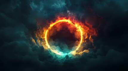 Wall Mural - 3d render, colorful neon ring glowing inside the stormy cloud on the dark sky, abstract background. 