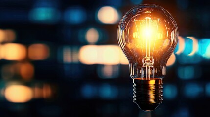 Wall Mural - a glowing light bulb with a warm light in a dark, blurred background.