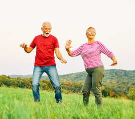 Wall Mural - woman man outdoor senior couple happy elderly training active exercise stretching fitness retirement