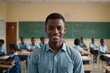 © ThomasLENNE - Close portrait of a smiling young Sao Tomean male elegant primary school teacher standing and looking at the camera, indoors almost empty classroom blurred background