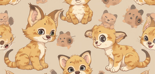  Seamless Pattern of Tabby Kittens with Cute Expressions on Beige Background