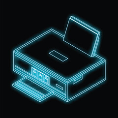 Poster - Neon isometric printer illustration glowing blue against a black background