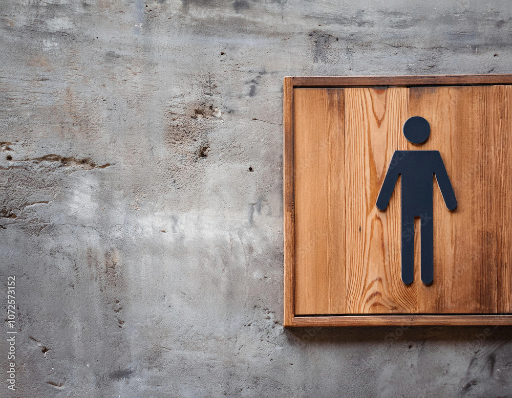 A wooden male restroom sign mounted on a natural concrete loft-style ...