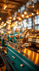 Poster - Skilled workers manage advanced machinery in a factory, assembling precise components amid warm lighting