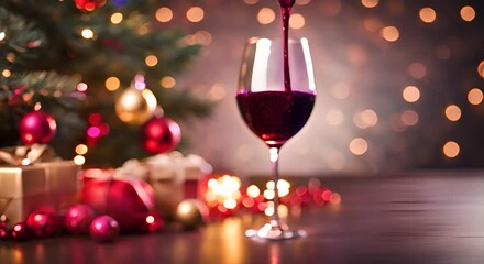 Wall Mural - Red wine pouring into wineglass closeup Decorated Christmas tree and lights background 4K