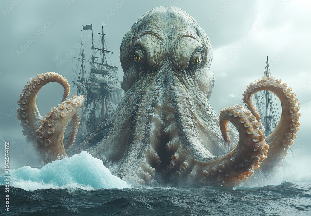 Giant Octopus in the Ocean with a Ship on Top of an Iceberg – Fantasy ...