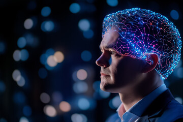 Poster - a man gazes thoughtfully as a digital brain made of glowing connections illuminates his head at nigh