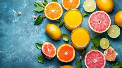 Poster - Colorful citrus fruits and juice on blue textured background