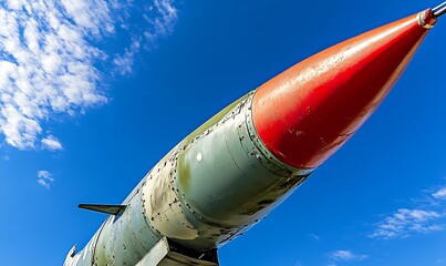 Poster - A close-up of a missile with a red tip against a blue sky.