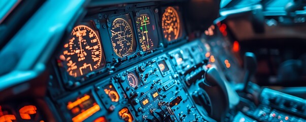 Poster - A close-up view of an aircraft cockpit with illuminated gauges and controls.