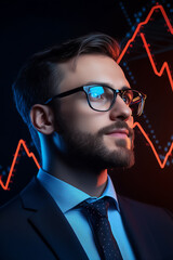 Poster - The young man observes fluctuating financial graphs while deep in thought during the evening hours