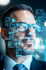 Poster - A focused professional contemplates data visualizations around him in a contemporary workspace during the evening hours