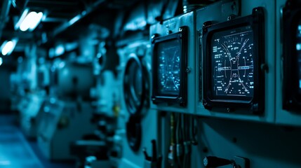 Poster - Control room with monitors displaying navigational and operational data in a marine environment.
