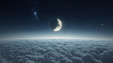 Wall Mural - A crescent moon hangs in a dark sky above a sea of white clouds.