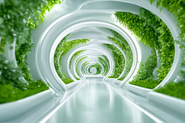 Poster - This corridor showcases a blend of clean white lines and vibrant greenery, creating a serene atmosphere