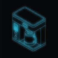 Poster - Neon blue lines illustrating a modern coffee machine brewing a cup of coffee on black background