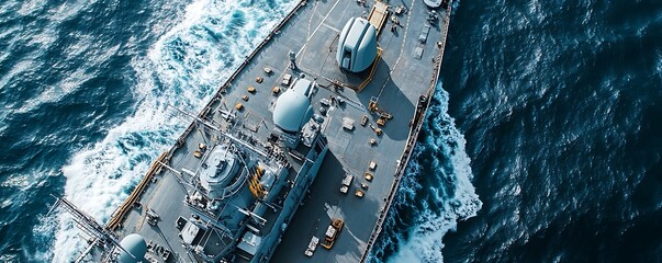 Poster - Aerial view of a naval ship navigating through ocean waters.