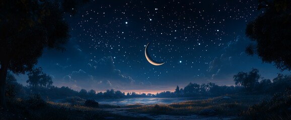Poster - A crescent moon shines brightly in the night sky above a tranquil forest and lake, with a multitude of stars scattered across the expanse.