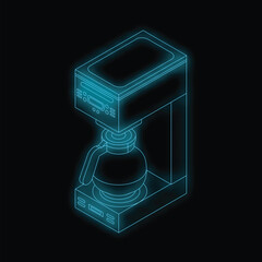 Poster - Modern electric coffee machine preparing a hot beverage with blue neon light on a black background