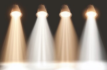 Poster - Set of 4 spotlight lights with different color temperature. White, beige color effect. Realistic studio lights isolated on transparent background. Spotlight rays create illumination beams, glowing