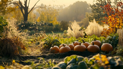 Wall Mural - A group of pumpkins in a field at sunset, with tall grass and trees in the background.