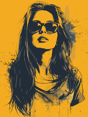 Portrait of beautiful young woman with sunglasses. Vector illustration in grunge style.