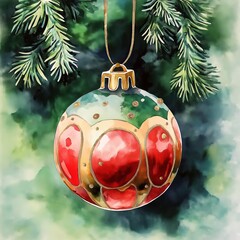 Poster - Red, gold, green Christmas bauble hanging from pine tree branch. Festive ornament with glitter, vintage style design. Christmas decor, winter holiday decoration, New Year, celebration.