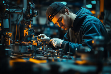 Poster - A skilled technician focuses on assembling small parts in a modern workshop with dynamic lighting