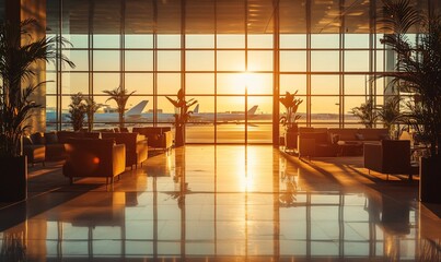 Poster - A modern airport lounge with large windows overlooking the tarmac. The sun is setting in the distance.