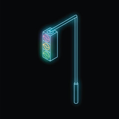 Poster - Neon traffic light with glowing red, yellow, and green lights on a black background
