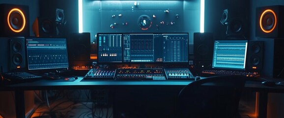 Poster - A modern home music studio with a mixing board, computer monitors, and studio speakers in a dark room with blue and orange lighting.