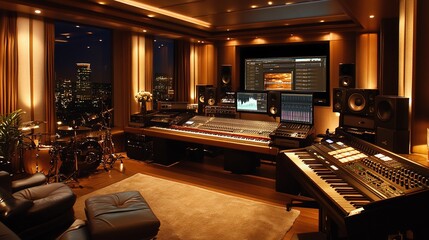 Aufkleber - a modern music recording studio with a large mixing board, a piano, drums, and a computer with a lar