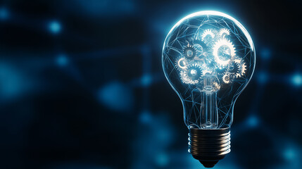 Poster - a bright light bulb filled with gears symbolizes innovative thinking and tech creativity
