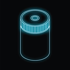 Poster - Neon icon of plastic jar with screw cap glowing on black background
