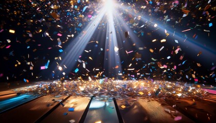 Wall Mural - soft multicolored confetti drifting through shafts of light with the dark background creating a star