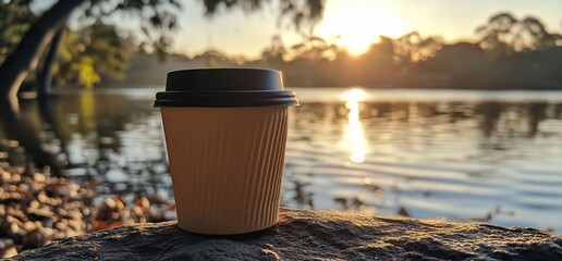 Aufkleber - A single disposable coffee cup sits on a rock by a lake with the sun setting in the background.