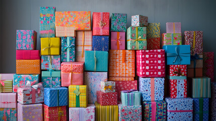 a colorful array of wrapped gifts stacked beautifully for display.